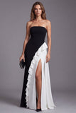 Strapless Ruffled Mermaid Black and White Colorblock Long Formal Dress with Slit