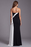 Strapless Ruffled Mermaid Black and White Colorblock Long Formal Dress with Slit