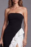 Strapless Ruffled Mermaid Black and White Colorblock Long Formal Dress with Slit