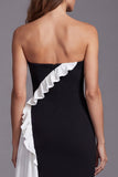 Strapless Ruffled Mermaid Black and White Colorblock Long Formal Dress with Slit