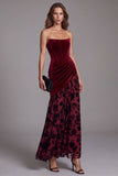 Corset Strapless Floral A Line Velvet Burgundy Ruched Long Formal Dress