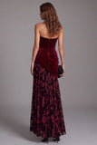 Corset Strapless Floral A Line Velvet Burgundy Ruched Long Formal Dress