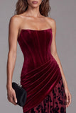 Corset Strapless Floral A Line Velvet Burgundy Ruched Long Formal Dress