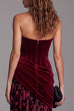 Corset Strapless Floral A Line Velvet Burgundy Ruched Long Formal Dress