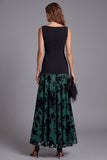 A-Line Black and Dark Green Colorblock Floral Boat Neck Long Formal Dress