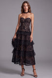 Tiered A-Line Black Strapless Lace Midi Formal Dress