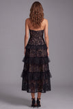 Tiered A-Line Black Strapless Lace Midi Formal Dress