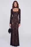 Black Sheath Floral Lace Formal Dress with Long Sleeves