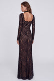 Black Sheath Floral Lace Formal Dress with Long Sleeves