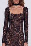 Black Sheath Floral Lace Formal Dress with Long Sleeves