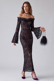 Off The Shoulder Sheath Lace Maxi Black Tie Dress With Long Sleeve