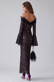 Off The Shoulder Sheath Lace Maxi Black Tie Dress With Long Sleeve