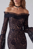 Off The Shoulder Sheath Lace Maxi Black Tie Dress With Long Sleeve