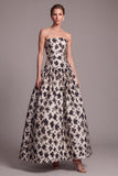 Strapless A Line Black Floral Maxi Formal Dress