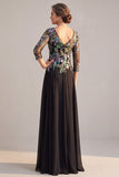 Floral A-Line 3/4 Sleeve Black Long Mother Of The Bride Dress
