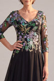 Floral A-Line 3/4 Sleeve Black Long Mother Of The Bride Dress
