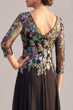 Floral A-Line 3/4 Sleeve Black Long Mother Of The Bride Dress
