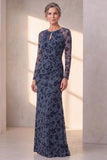 Floral Dusty Blue Mermaid Ruched Mother Of The Bride Dress with Long Sleeves