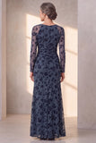 Floral Dusty Blue Mermaid Ruched Mother Of The Bride Dress with Long Sleeves