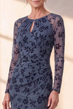 Floral Dusty Blue Mermaid Ruched Mother Of The Bride Dress with Long Sleeves