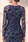 Floral Dusty Blue Mermaid Ruched Mother Of The Bride Dress with Long Sleeves