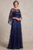 Sequins Floral Cape Sleeve A-Line Navy Long Mother Of The Bride Dress