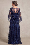 Sequins Floral Cape Sleeve A-Line Navy Long Mother Of The Bride Dress