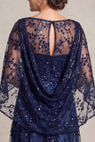 Sequins Floral Cape Sleeve A-Line Navy Long Mother Of The Bride Dress