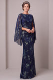 Dark Blue Sheath Ruched Cape Sleeve Long Mother Of The Birde Dress