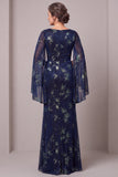 Dark Blue Sheath Ruched Cape Sleeve Long Mother Of The Birde Dress