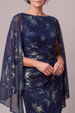 Dark Blue Sheath Ruched Cape Sleeve Long Mother Of The Birde Dress