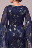 Dark Blue Sheath Ruched Cape Sleeve Long Mother Of The Birde Dress