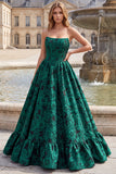 Strapless A-Line Floral Dark Green Corset Long Prom Dress with Ruffles