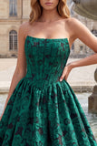 Strapless A-Line Floral Dark Green Corset Long Prom Dress with Ruffles