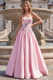 Floral Strapless Light Pink Beaded A-Line Long Prom Dress