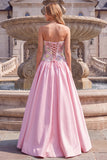 Floral Strapless Light Pink Beaded A-Line Long Prom Dress