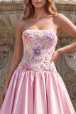 Floral Strapless Light Pink Beaded A-Line Long Prom Dress