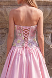Floral Strapless Light Pink Beaded A-Line Long Prom Dress