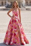 Corset Strapless A-Line Floral Brocade Pink Long Prom Dress with Slit