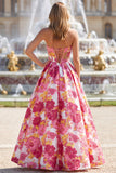 Corset Strapless A-Line Floral Brocade Pink Long Prom Dress with Slit
