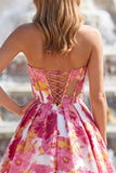 Corset Strapless A-Line Floral Brocade Pink Long Prom Dress with Slit