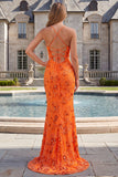 Mermaid Floral Beaded Orange Long Prom Dress