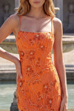 Mermaid Floral Beaded Orange Long Prom Dress