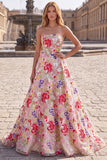 Champagne Red Flower A-Line Strapless Long Prom Dress