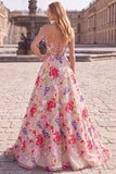 Champagne Red Flower A-Line Strapless Long Prom Dress