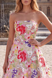 Champagne Red Flower A-Line Strapless Long Prom Dress