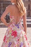 Champagne Red Flower A-Line Strapless Long Prom Dress