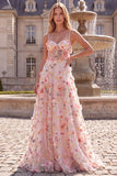 Floral Beaded A-Line Pink Corset Long Prom Dress