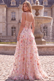 Floral Beaded A-Line Pink Corset Long Prom Dress