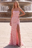 Strapless Sequins Pink Appliqued Mermaid Long Prom Dress with Slit